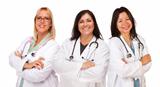 Three Female Doctors or Nurses Isolated on a White Background.
