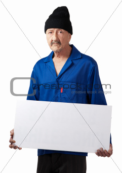 Serious worker with blank poster