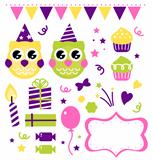 Owl birthday party design elements isolated on white