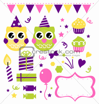 Owl birthday party design elements isolated on white