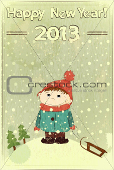 Christmas card -  little boy and sled