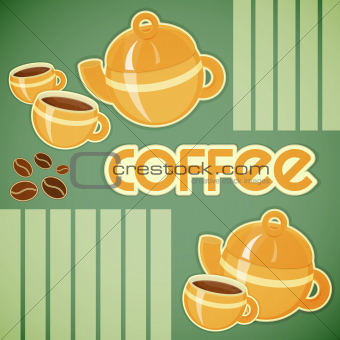 coffee cups, coffee pot and coffee beans