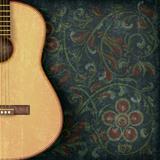 grunge music background with guitar and floral ornament