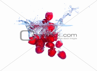 Red Raspberries Falls under Water with a Splash