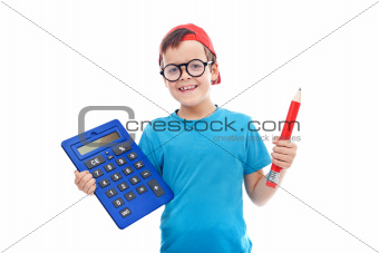 Boy with large calculator and pencil