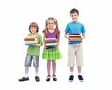 Kids prepared for school - holding colorful books stacks