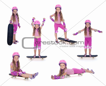 Little girl in pink with skateboard