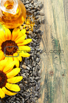 Seeds, sunflower oil and flowers