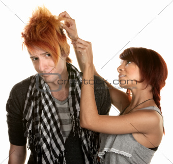 Lady Working with Man's Hair