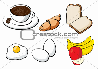 Healthy Breakfast - Bread, Coffee, Egg, Croissant, Banana, Apple