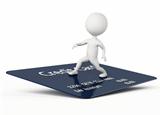 3d humanoid character surfing on a credit card