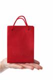 female hand holding red gift bag