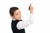 school boy wrighting or drawing with pen isolated on white