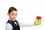 boy holding gift box with bow isolated on white