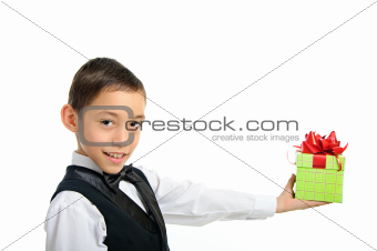 boy holding gift box with bow isolated on white