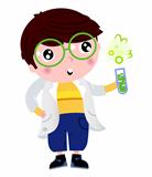 Little scientist holding laboratory flask isolated on white