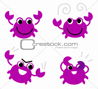 Pink crab in various poses isolated on white
