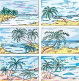 Sketches of landscapes with palm trees on sea coast