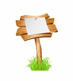 Wooden sign in grass isolated on white background.