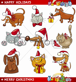 Cartoon Set of Christmas Cats and Dogs
