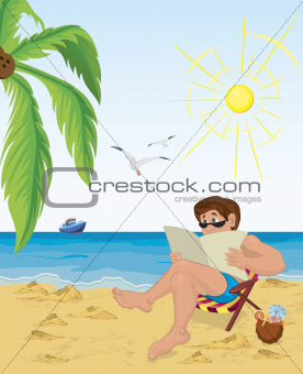 Man sitting in the chair on the beach reading newspaper