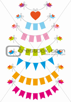 bunting flags with birds, vector set