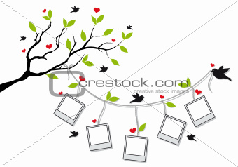 tree with photo frames and birds, vector