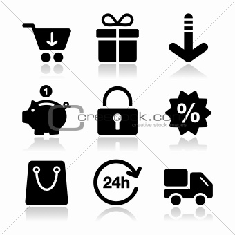 Shopping on internet black icons set with shadow