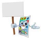 Cell phone cartoon character holding sign
