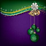Christmas grunge background with green decorations and handbells