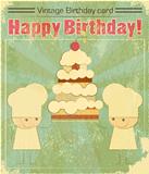 Vintage birthday card Design with chefs and Big Cake