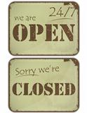 set of grunge signs: open - closed - 24 hours