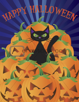 Halloween Cat with Pumpkins Illustration