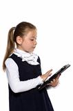The little girl with the tablet on a white background 