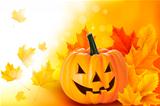 Scary Halloween pumpkin with leaves  Vector