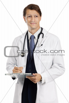 Handsome doctor writing on medical chart