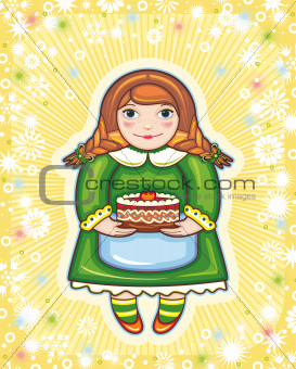red-haired girl in a green dress with a pie in hands