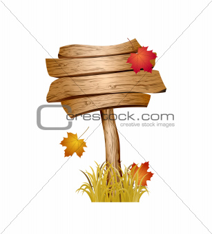 Wooden sign with autumn grass and leaves isolated on white background.