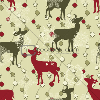 Vector Winter Seamless Pattern with Christmas Decoration, Deers,