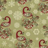 Vector Seamless Winter Pattern with Peacocks and Snowflakes  