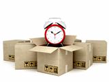 cardboard boxes and clock