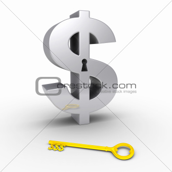 Dollar symbol with keyhole and dollar-key on the ground