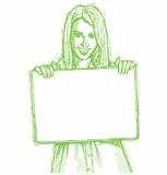 Sketch happy business woman holding blank white card