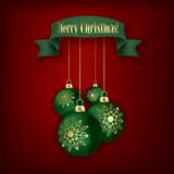Christmas grunge greeting with green decorations and ribbon