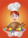 Woman Chef  with Roast Turkey Dinner Illustration