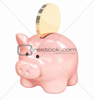Piggy bank and golden coin