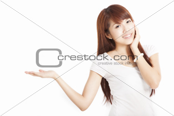 happy smiling asian woman showing, isolated on white background