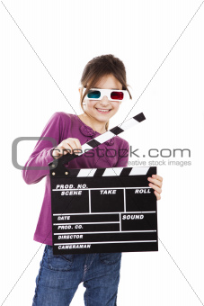 Girl with 3D glasses and a clapboard
