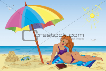 Sexy girl on the beach under colorful umbrella