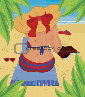 Woman is sitting on the beach under palm tree